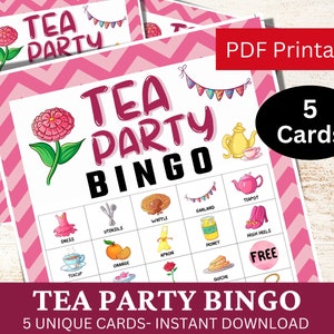5 cartões de jogo de bingo para festa de chá, atividade divertida de festa com tema de aniversário, jogo de chá no jardim para impressão, jogo quebra-gelo para meninas PDF rosa para crianças