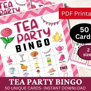 50 cartões de jogo de bingo para festa de chá, atividade divertida de festa com tema de aniversário, jogo de hora de chá no jardim para impressão, jogo quebra-gelo para meninas PDF rosa para crianças
