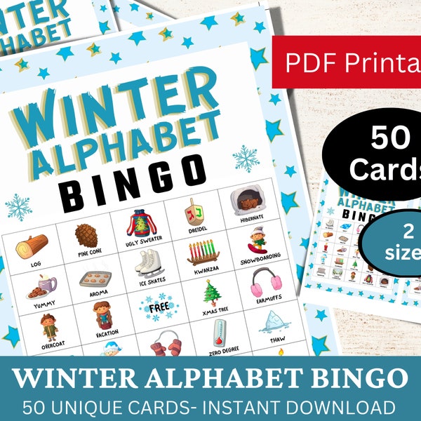 50 A-Z Winter Alphabet Bingo Game Card for Kid & Adult, Holiday Party Activity Bundle, Blue Christmas Family Pack Printable, Xmas Season PDF