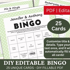 25 PDF de plantilla verde pastel de bingo editable, tarjetas de juego de bingo rellenables con bricolaje, relleno automático personalizado, creación personalizada de su propio generador