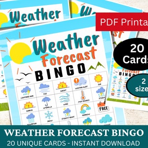 20 Tarjeta de juego de bingo de pronóstico del tiempo, Actividad temática de meteorología, Fiesta de picnic divertida, Juego PDF del club de clase de ciencias, Juego educativo, Día de la Tierra
