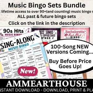 Puede incluir: Paquete de juegos de bingo musical con temas como &Eacute;xitos de los 90, Canciones de 2022 y Bachelorette Beats Blast. La imagen incluye el texto "Sing-Along Music Bingo" y "&iexcl;Vienen 100 NUEVAS versiones de canciones!" para descarga instant&aacute;nea.