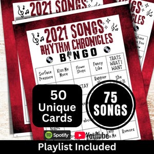 Bingo de canciones 2021 (50 cartones), Bingo de música retro con lista de reproducción, Juego para una noche de reunión familiar, Actividad temática de cumpleaños con amigos imagen 1