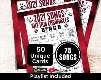 2021 Songs Bingo 50 Cards, Throwback Music Bingo with Playlist, Family Reunion Party Night Game, Friend Birthday Theme Gathering Activity