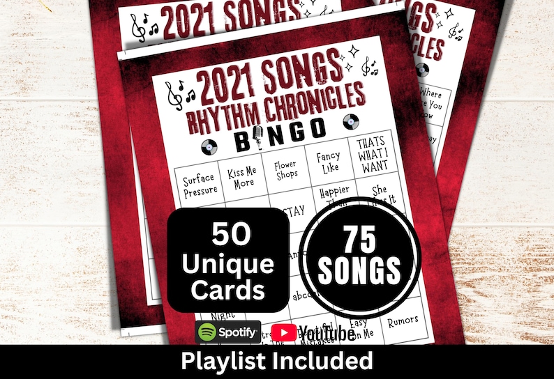 Bingo de canciones 2021 (50 cartones), Bingo de música retro con lista de reproducción, Juego para una noche de reunión familiar, Actividad temática de cumpleaños con amigos imagen 1