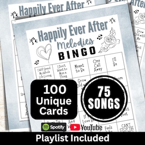 Wedding Songs Bingo 100 Cards, Romance Theme Guest Reception Table Game, Bachelorette Love Music Bingo with Playlist, Bridal Shower Activity