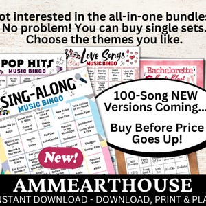 Puede incluir: Un conjunto de juegos de bingo musical con temas como Pop Hits, Sing-Along y Love Songs. La imagen presenta dise&ntilde;os coloridos y t&iacute;tulos de canciones, con el texto "100-Song NEW Versions Coming... Buy Before Price Goes Up!"