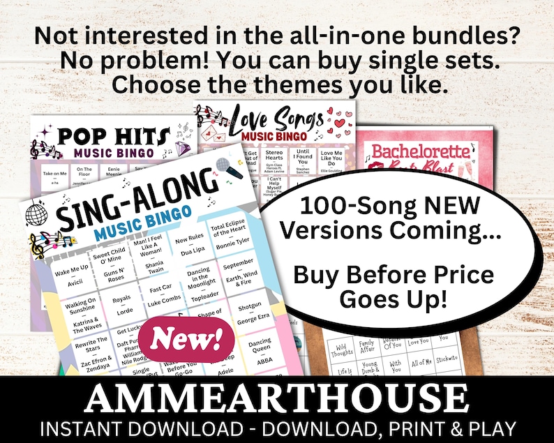Puede incluir: Un conjunto de juegos de bingo musical con temas como Pop Hits, Sing-Along y Love Songs. La imagen presenta dise&ntilde;os coloridos y t&iacute;tulos de canciones, con el texto "100-Song NEW Versions Coming... Buy Before Price Goes Up!"