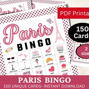Cartão de jogo 150 Paris Bingo, atividade divertida de festa de aniversário com tema de viagem, jogo Love France para impressão, PDF do jogo de reunião francesa, noite do pijama