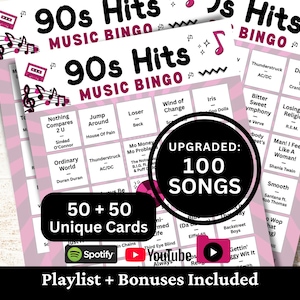 Bingo de éxitos de los 90, 50 cartones, 100 listas de reproducción incluidas, juego en PDF imprimible, descarga instantánea