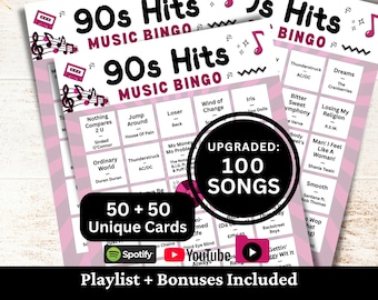 90s Hits Music Bingo, 50 Cards, 100 Songs Playlists Included, Printable PDF Game, Instant Download