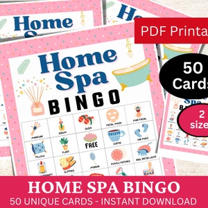 50 cartões de jogo de bingo para spa doméstico, atividade temática de festa de spa, bingo divertido com tema de aniversário, jogos em PDF para festa temática de despedida de solteira, festa do pijama para meninas adolescentes