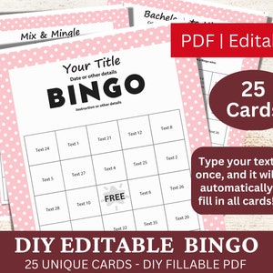 25 PDF de plantilla editable de Bingo Pastel Red, tarjeta de juego de bingo rellenable DIY, relleno automático personalizado, personalizado haga su propio bingo