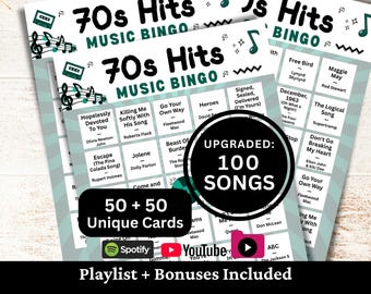 70s Hits Music Bingo, 50 Cards, 100 Songs Playlists Included, Printable PDF Game, Instant Download