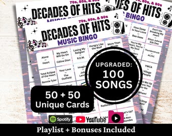 Bingo musicale anni '70, '80 e '90, 50 cartelle, 100 playlist di brani incluse, gioco PDF stampabile, download immediato