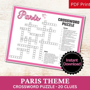 パリのクロスワードパズルの印刷可能なゲーム、楽しい旅行テーマの誕生日アクティビティ、フランスの街を愛する、フランス語の集まりの単語ゲーム PDF、パリのパーティー