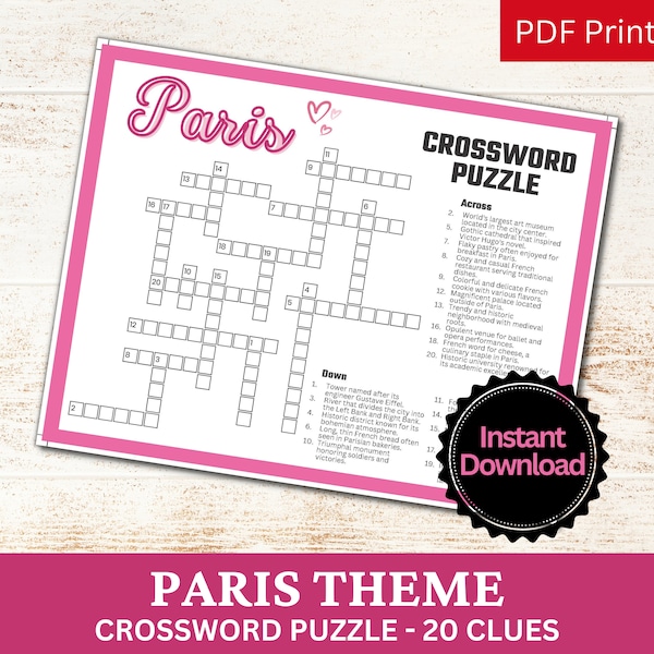 Paris Crossword Puzzle Printable Game, Fun Travel Theme Birthday Activity, Love France City, French Gathering Word Game PDF, Parisian Party