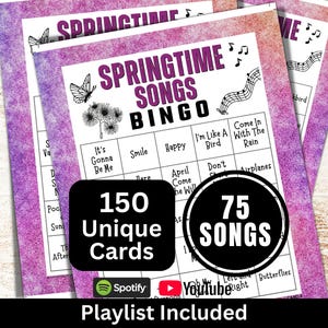 Springtime Songs Bingo 150 Card, Themed Picnic Party Activity, Garden Birthday Game for Adults Gathering, Spring Travel Music with Playlist image 1