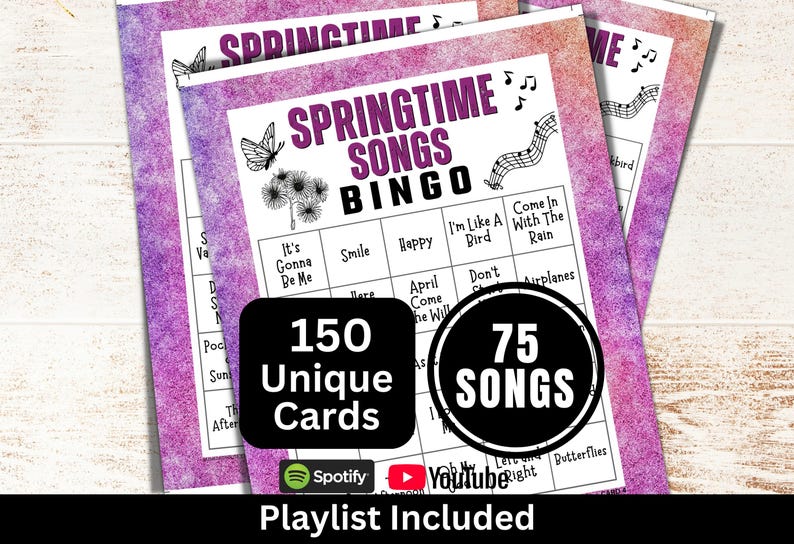 Springtime Songs Bingo 150 Card, Themed Picnic Party Activity, Garden Birthday Game for Adults Gathering, Spring Travel Music with Playlist image 1