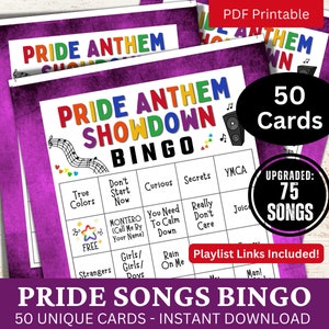 Bingo de canciones del orgullo, 50 tarjetas, bingo de música comunitaria con lista de reproducción, actividad de fiesta LGBTQ trans para adultos imprimible, juegos de beber con temática de arcoíris