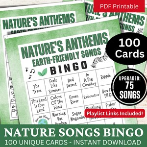 Nature Songs Bingo-Spiel 100 Karten, Earth Day Hymnen, Musikparty-Themen Aktivität, Umweltclub Eisbrecher, Gruppen-Trivia-Hits-Wiedergabeliste