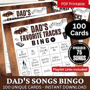 Dad's Songs Bingo Game 100-kaart, papa verjaardag themabijeenkomst activiteit, Vaderdag muziekbingo met afspeellijst, familiereünie feestavond