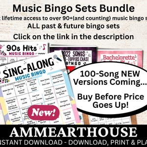 Puede incluir: Un conjunto de juegos de bingo musical con varios temas, incluyendo &Eacute;xitos de los 90 y Sing-Along. La imagen presenta varias tarjetas de bingo con t&iacute;tulos de canciones y el texto "100-Song NEW Versions Coming..." y "Buy Before Price Goes Up!"