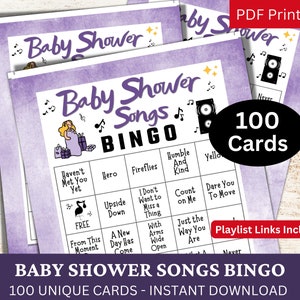 Bingo de 100 canciones para baby shower, música para anunciar el nacimiento con lista de reproducción, actividad imprimible para fiestas para adultos en color morado, juegos para revelar género neutro