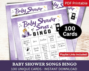 Baby Shower Songs Bingo 100 Card, Baby Announcement Music with Playlist, Purple Adult Printable Party Activity, Gender Neutral Reveal Games