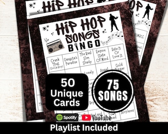 Gioco del bingo con canzoni hip hop da 50 carte, attività per feste con musica rap, gioco stampabile per serate in famiglia, gioco PDF rompighiaccio per compleanni, bingo in discoteca