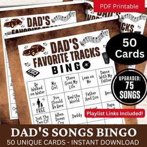 Dad's Songs Bingo Game 50-kaart, Vaderdagmuziekbingo met afspeellijst, familiereünie, feestavond papaverjaardag, themabijeenkomst papaverjaardag