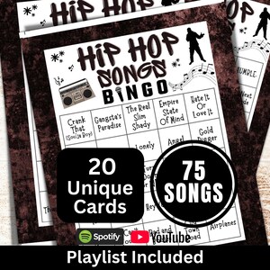 Hip Hop Songs Bingo 20 Cards, Rap Music Bingo with Playlist, Family Night Gathering Game, Birthday Icebreaker Party Activity, Club Bingo
