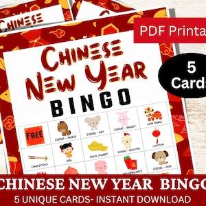 5 chińskich noworocznych kart do gry w bingo, aktywność na imprezę tematyczną z okazji nowego roku księżycowego, gra w formacie PDF do wydrukowania dla dzieci i dorosłych, chińska astrologia zodiaku