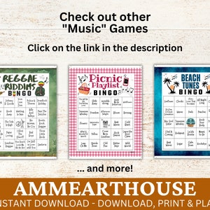 May include: Three printable bingo cards with a green, pink, and blue background. The cards feature different music themes: Reggae Riddims, Picnic Playlist, and Beach Tunes. Each card has a 5x5 grid with various music-related words and phrases.