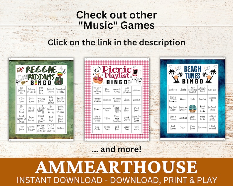 May include: Three printable bingo cards with a green, pink, and blue background. The cards feature different music themes: Reggae Riddims, Picnic Playlist, and Beach Tunes. Each card has a 5x5 grid with various music-related words and phrases.