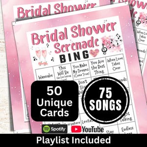 Bridal Shower Songs Bingo 50 Cards, Wedding Music Bingo with Playlist, Bride Hen Do Party Activity, Romantic Theme Bachelorette Brunch Bingo
