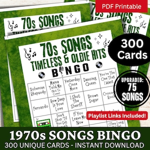 70s Oldie Songs Bingo 300 Cards, Festa de aniversário de formatura Bingo, Atividade de festa musical dos anos 1970 com lista de reprodução, Jogo para impressão para reunião familiar à noite