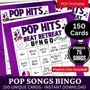 Pop Songs Bingo 150 Karten, Musik Bingo mit Playlist 75 Songs, Familiennacht Gathering druckbares Spiel, Aktivität für Partyliebhaber, PDF Bingo