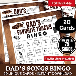 Dad's Songs Bingo Game 20-kaart, Vaderdag-muziekbingo met afspeellijst, familiereünie, feestavond papaverjaardag, themabijeenkomst papaverjaardag