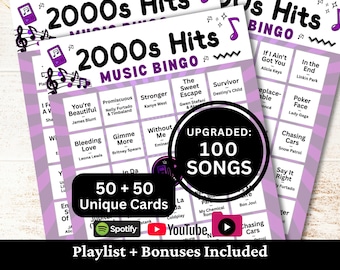 Bingo musicale con successi degli anni 2000, 50 cartelle, playlist di 100 brani incluse, gioco PDF stampabile, download immediato