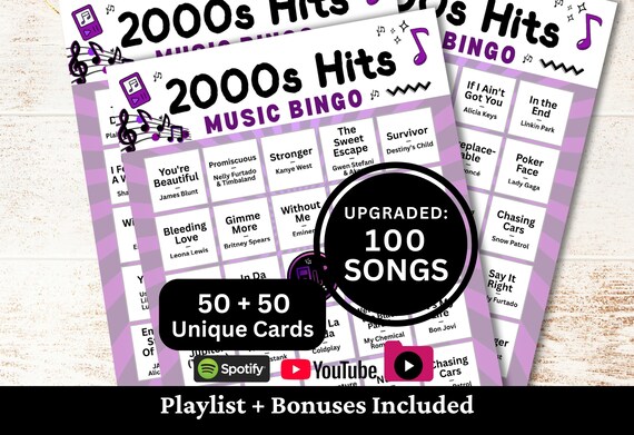2000s Hits Music Bingo, 50 Cards, 100 Songs Playlists Included, Printable PDF Game, Instant Download