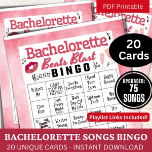 Bachelorette Party Songs Bingo 20 Kartenspiel, Team Braut Musik Bingo mit Playlist, Girls Night druckbare Aktivität für Erwachsene, Hen Do Brautspiel