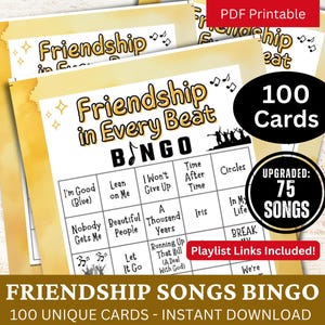 Freundschafts-Songs-Bingo 100-Karte, Musik für den besten Freund mit Playlist-Spiel, Wiedersehensreise für Erwachsene druckbare Partyaktivität, Freundschaftstag-Versammlung
