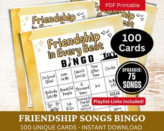 Friendship Songs Bingo 100 Card, Best Friend Music with Playlist Game, Reunion Trip Adult Printable Party Activity, Friendship Day Gathering