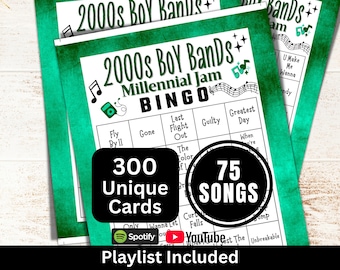 Jaren 2000 Boy Bands Liedjes Bingo 300-kaarten, Millennium Music Bingo met afspeellijst, Verzamelactiviteit uit de jaren 00 voor volwassenen, Familiereünie Y2K-feestspel