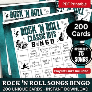 Bingo de 200 tarjetas de canciones clásicas de rock and roll, bingo musical con lista de reproducción, juego de éxitos de los años 90, 80, 70, 60 y 50 para reuniones familiares de adultos mayores