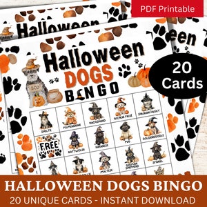 20 cartes de bingo pour chiens d'Halloween pour une soirée festive, activité aquarelle pour animaux de compagnie à imprimer, soirée de jeux en famille sur le thème d'une race de chiots mignons pour les enfants