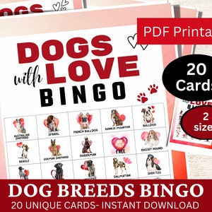 20 Hunderassen Bingo Spiel Karte, Hunde mit Liebe Aquarell Thema Party Aktivität, Internationaler Tag des Hundes PDF Bogen druckbar, für Kinder und Erwachsene