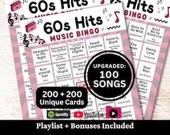 60s Hits Music Bingo, 200 Cards, 100 Songs Playlists Included, Printable PDF Game, Instant Download