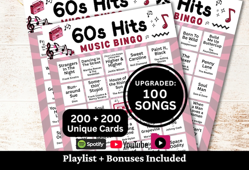 Printable 60s Hits Music Bingo game for nostalgic parties, family gatherings, office events, fundraisers, and community game nights. Features 100 beloved 1960s songs many still love today, from feel-good classics to unforgettable favorites. Includes 200 + 200 unique cards, Spotify, YouTube, and offline 1-minute snippets playlists, plus bonus extras.